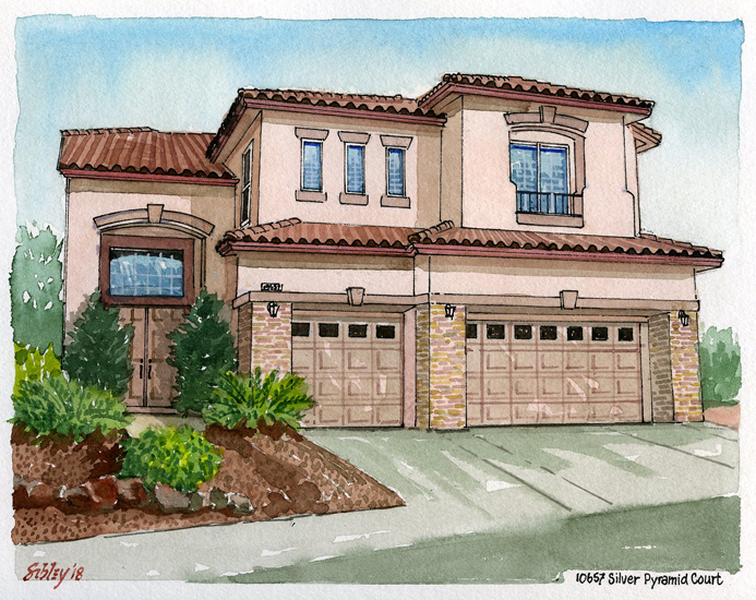 Watercolour home portrait of 10657 Silver Pyramid Court.