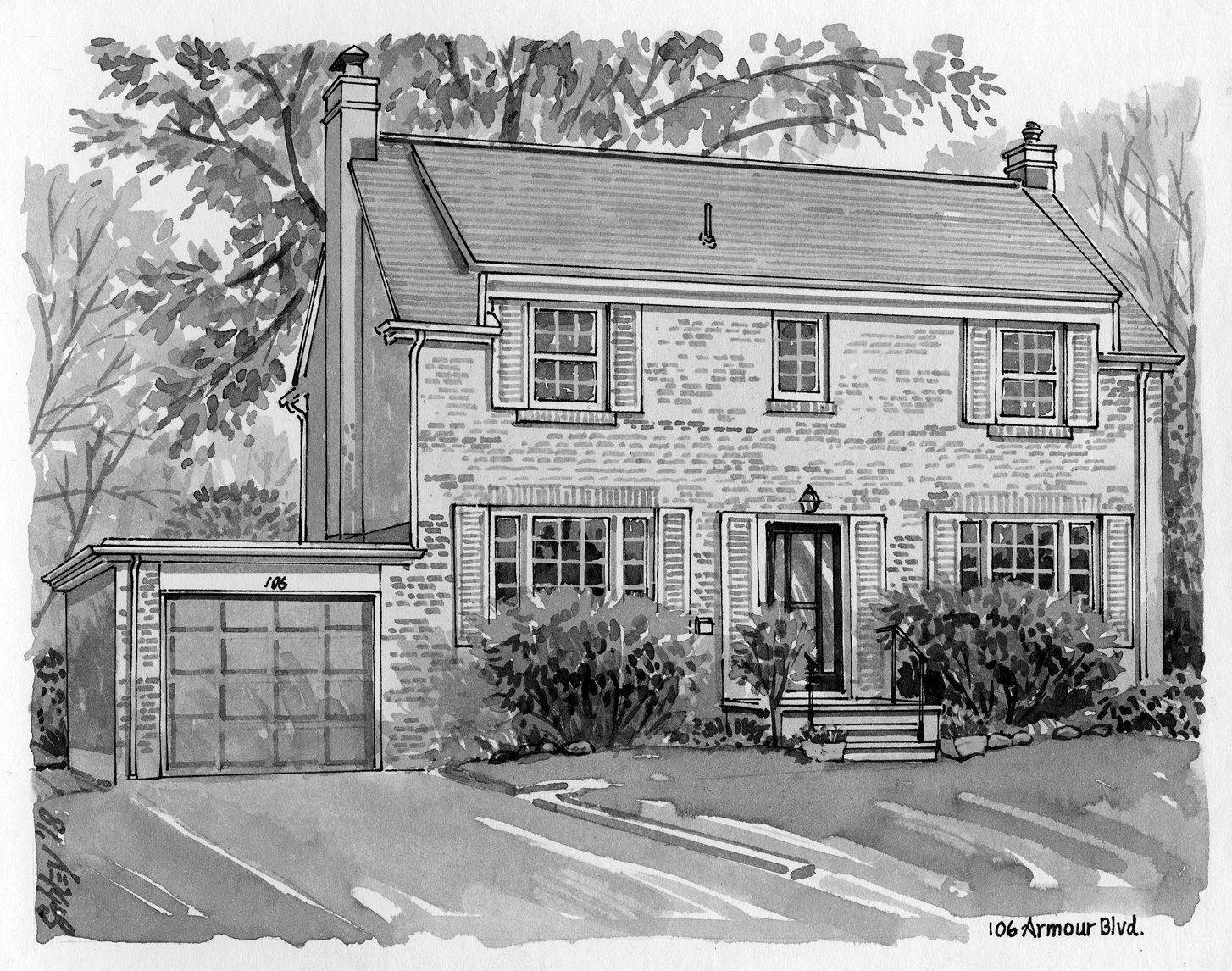 Pen-and-ink home portrait of 106 Armour Boulevard.