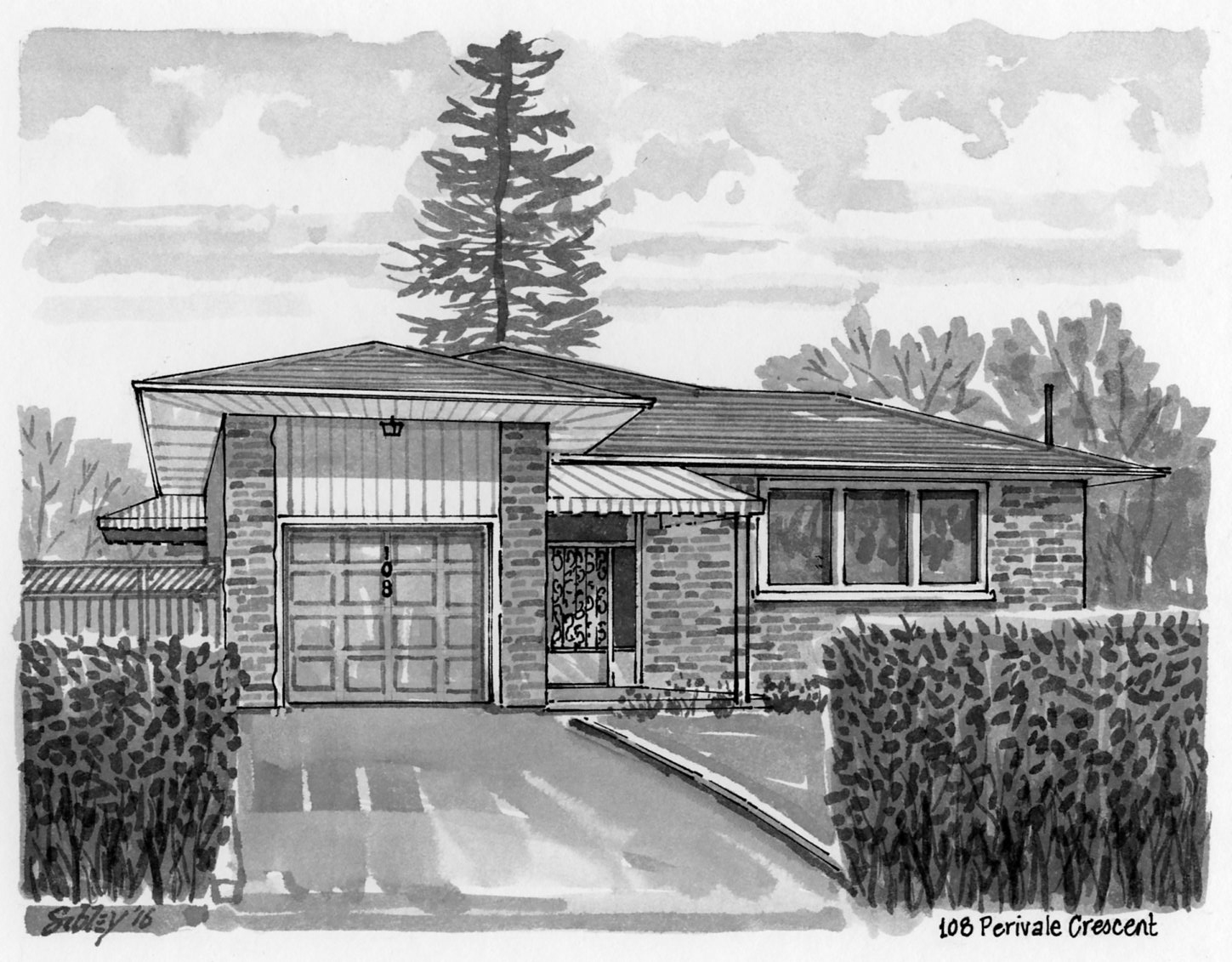 Pen-and-ink home portrait of 108 Perivale Crescent.