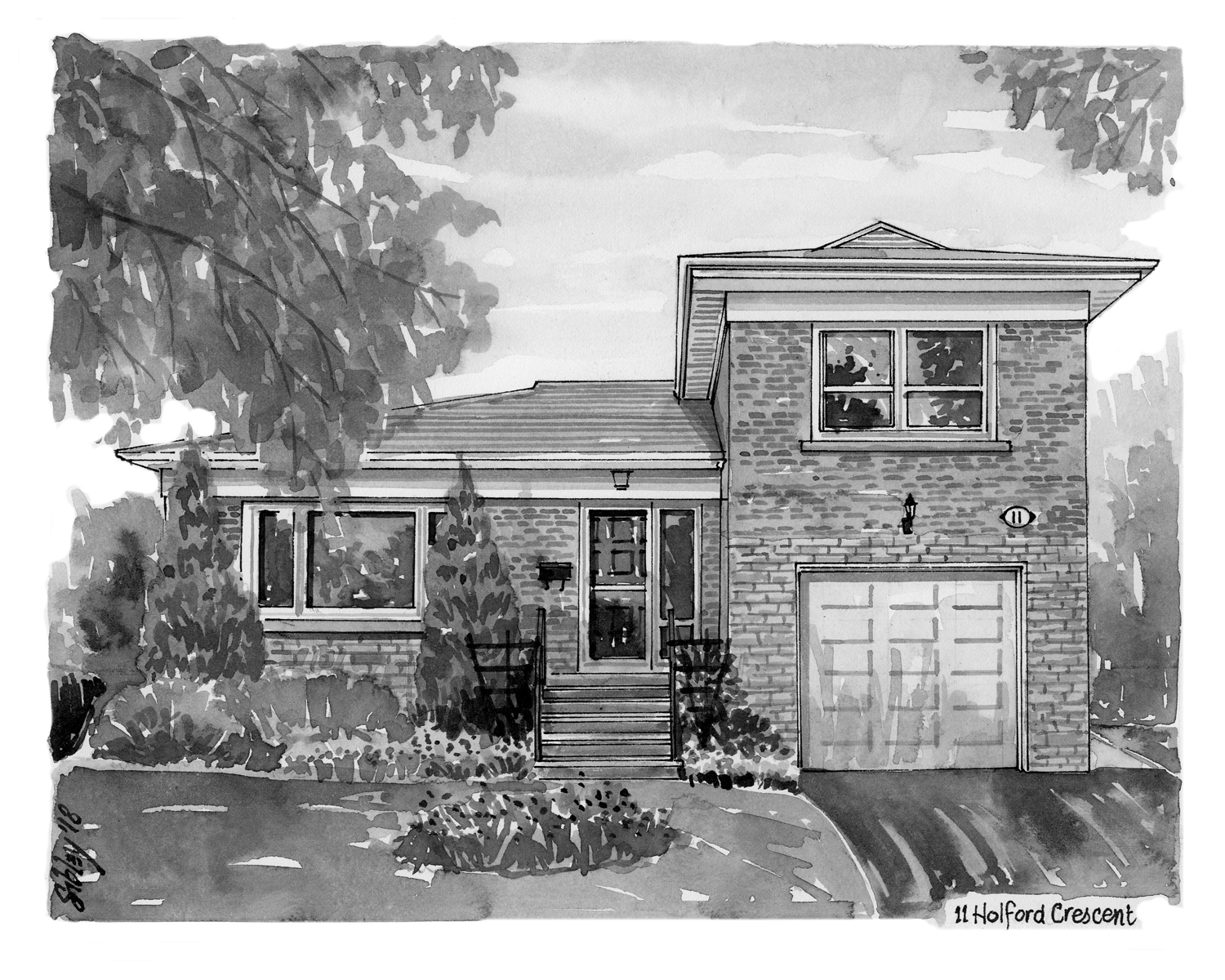 Pen-and-ink home portrait of 11 Holford Crescent.