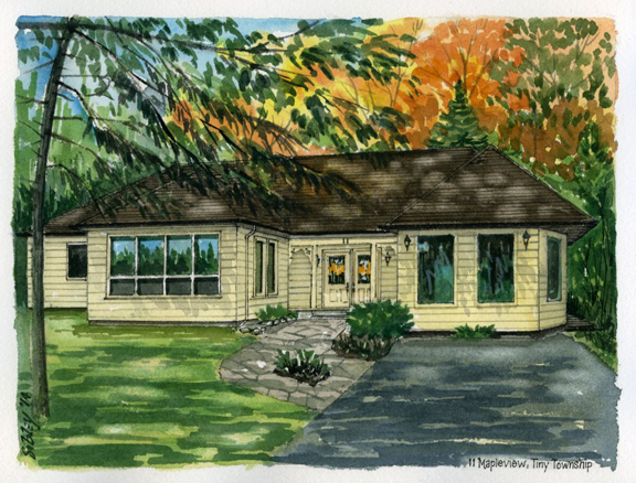 Watercolour home portrait of 11 Mapleview, Tiny Township.