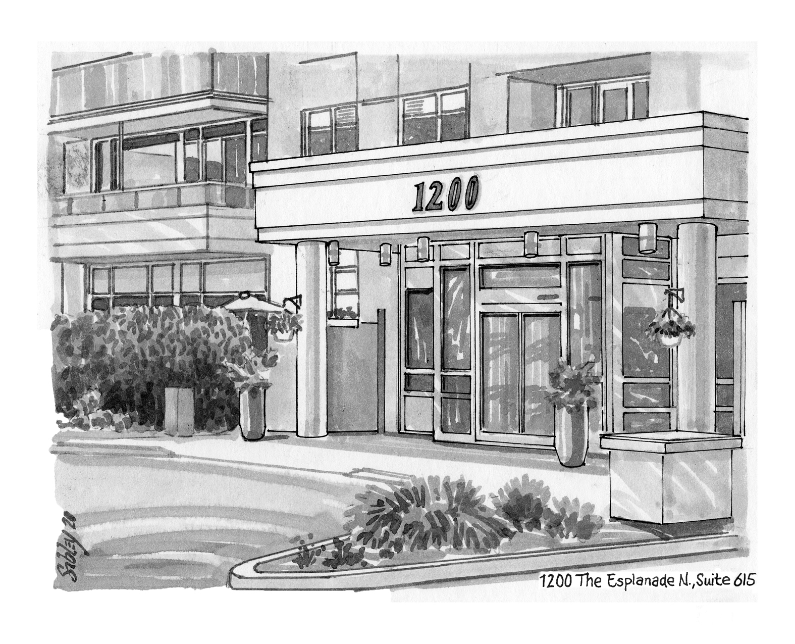Pen-and-ink home portrait of 1200 The Esplanade N., Suite 615.