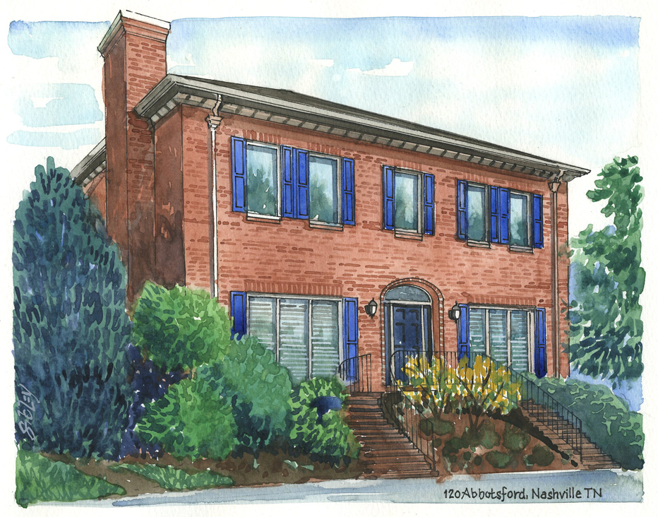 Watercolour home portrait of 120 Abbotsford, Nashville TN.