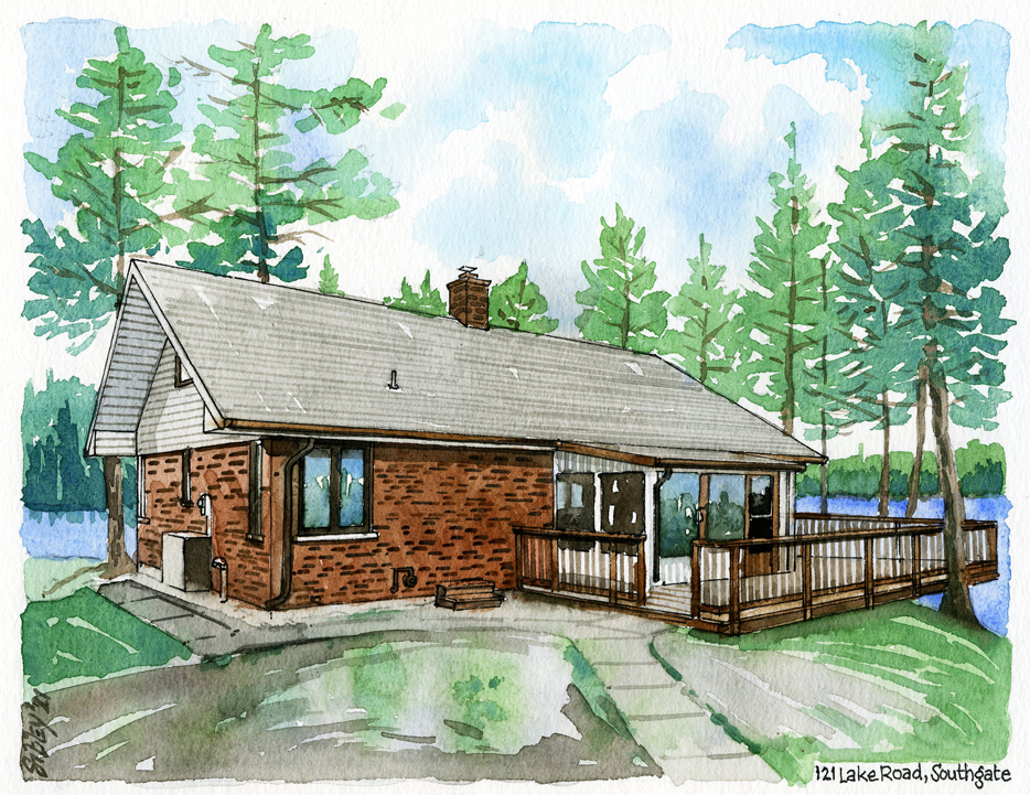 Watercolour home portrait of 121 Lake Road, Southgate.