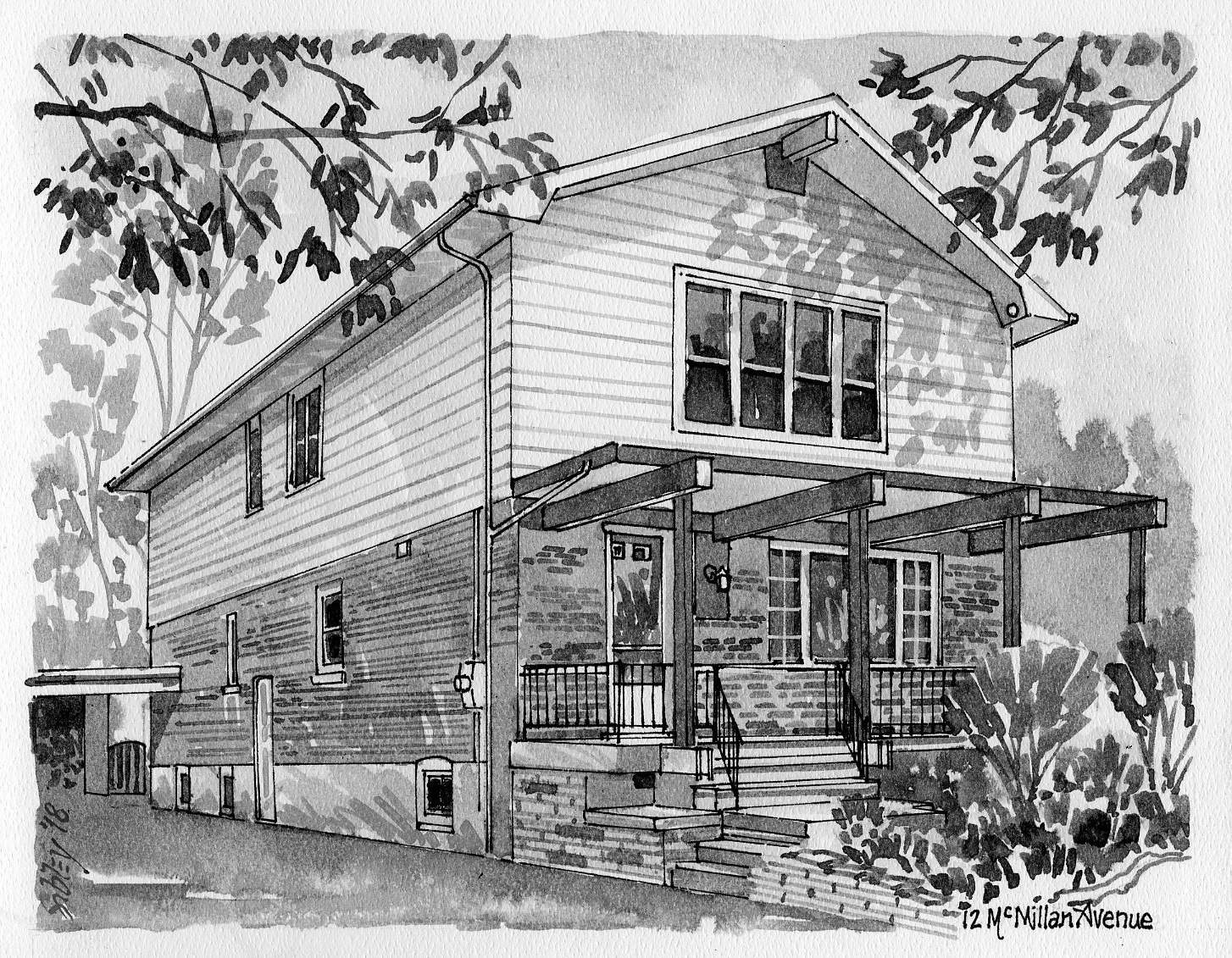 Pen-and-ink home portrait of 12 McMillan Avenue.