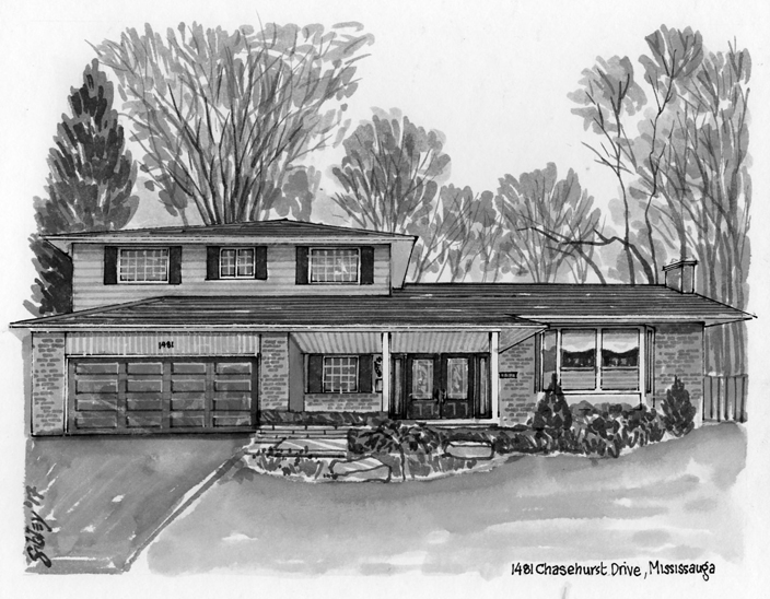 Pen-and-ink home portrait of 1481 Chasehurst Drive, Mississauga.