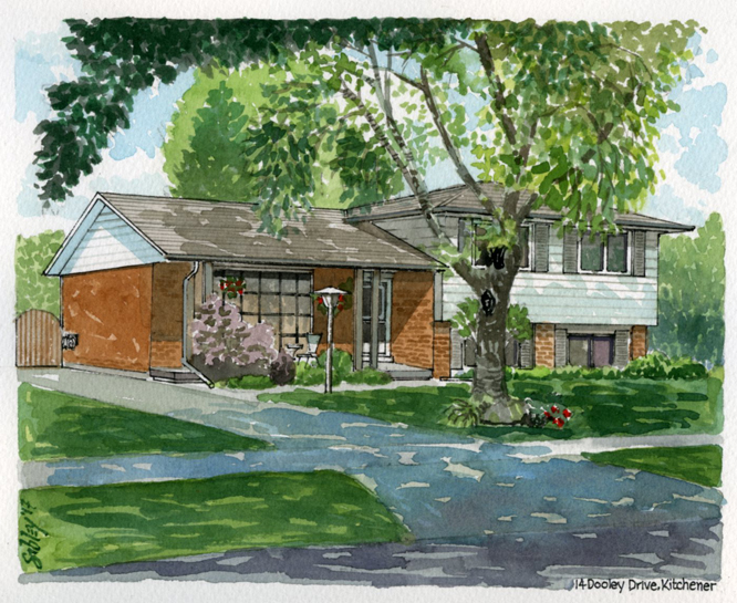 Watercolour home portrait of 14 Dooley Drive, Kitchener.