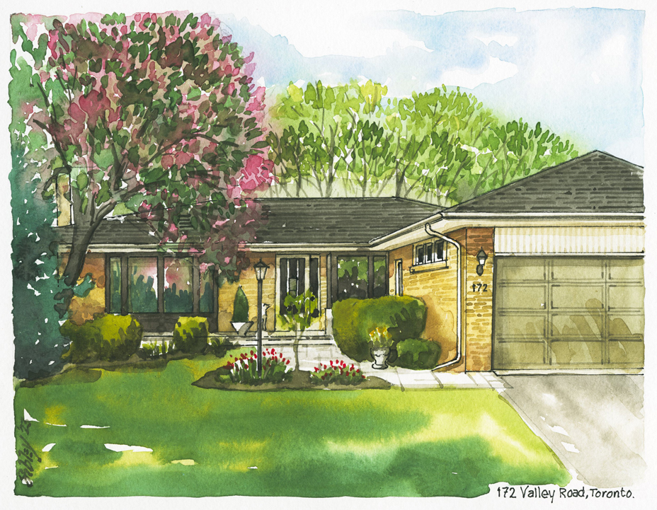 Watercolour home portrait of 172 Valley Road, Toronto.