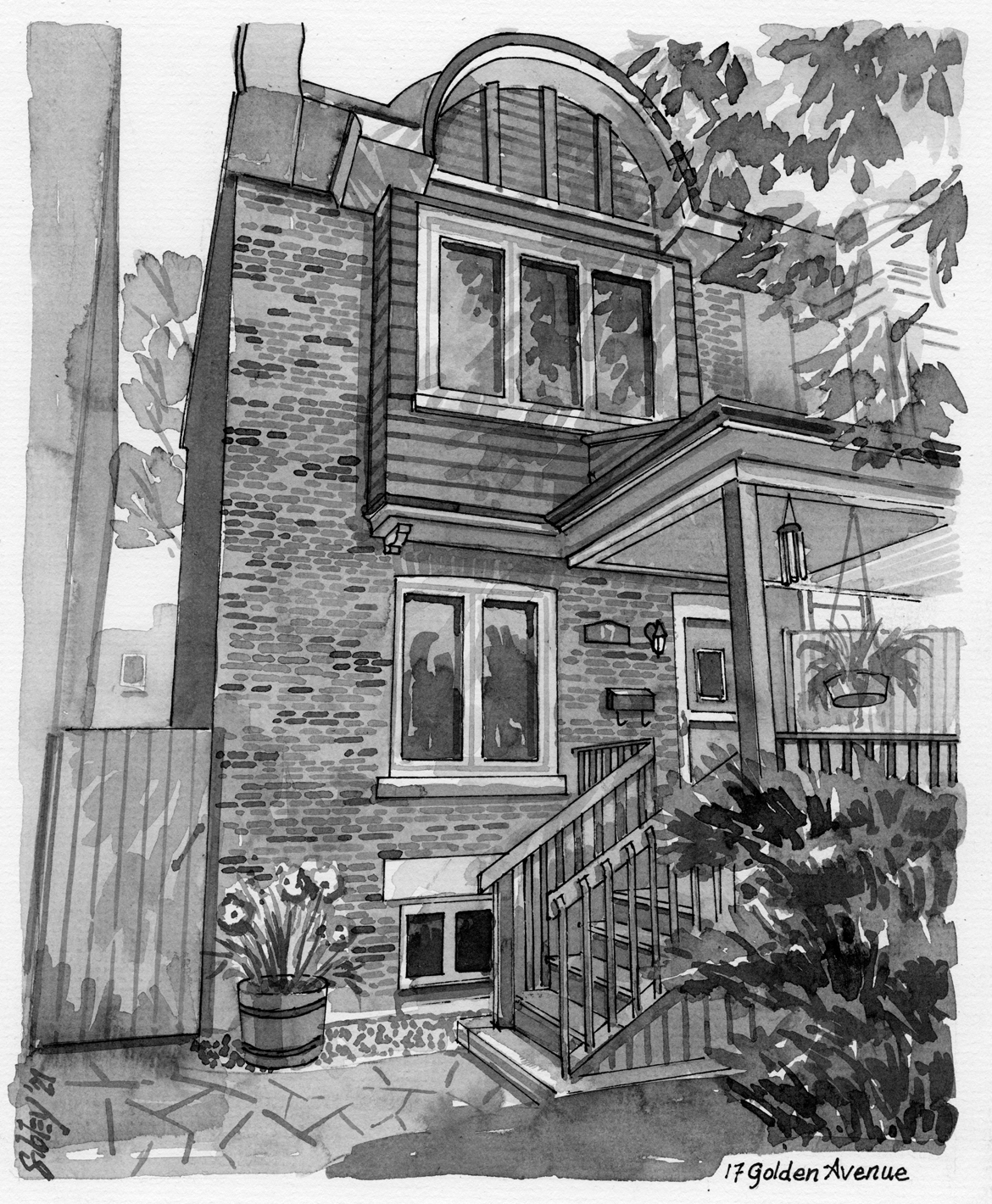 Pen-and-ink home portrait of 17 Golden Avenue.