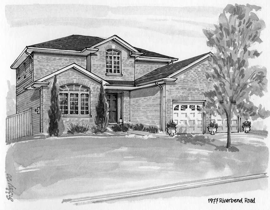 Pen-and-ink home portrait of 1977 Riverbend Road.