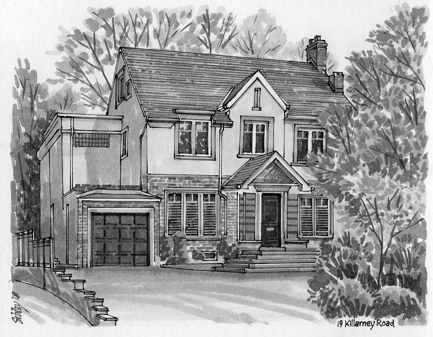 Pen-and-ink home portrait of 19 Killarney Road.