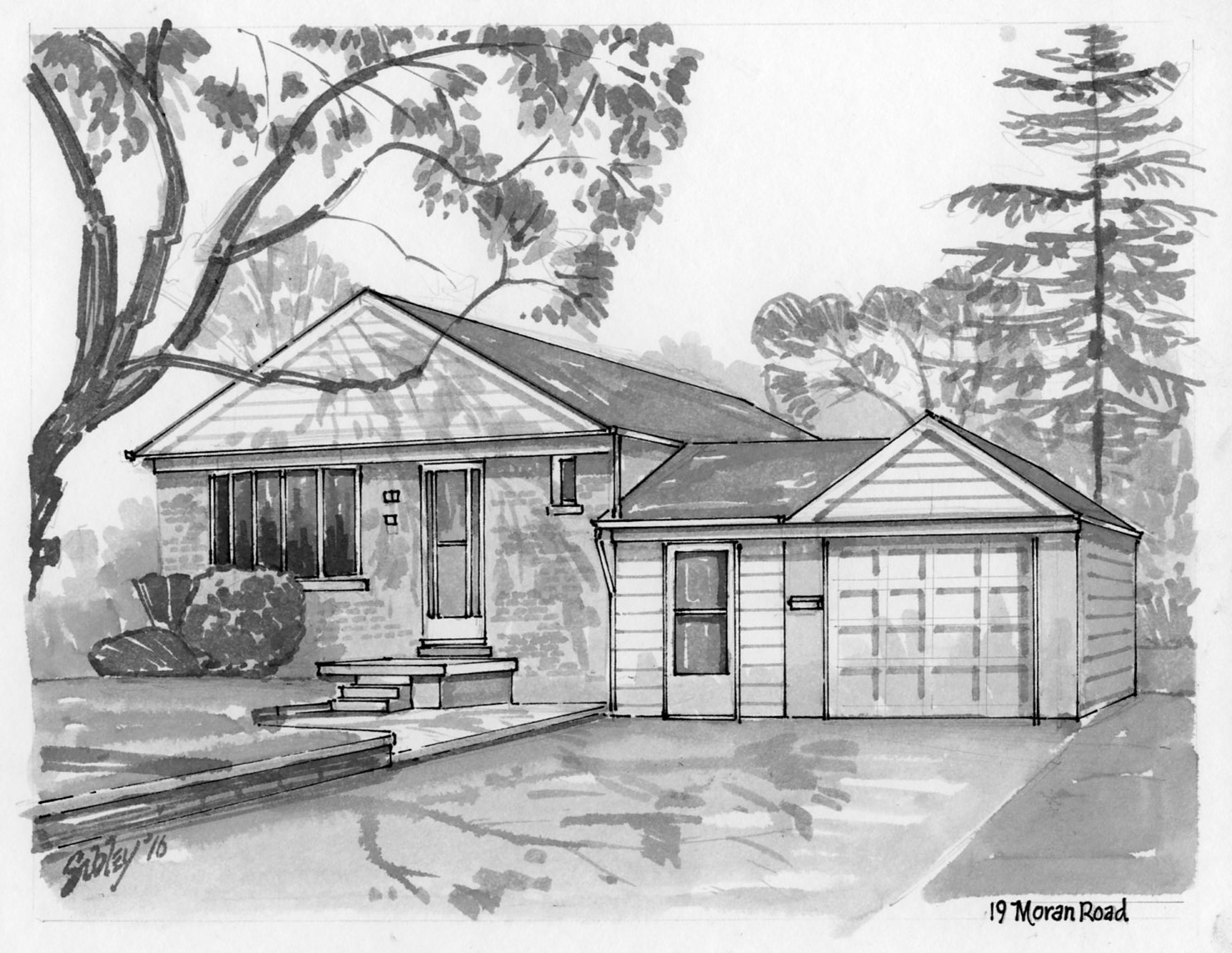 Pen-and-ink home portrait of 19 Moran Road.