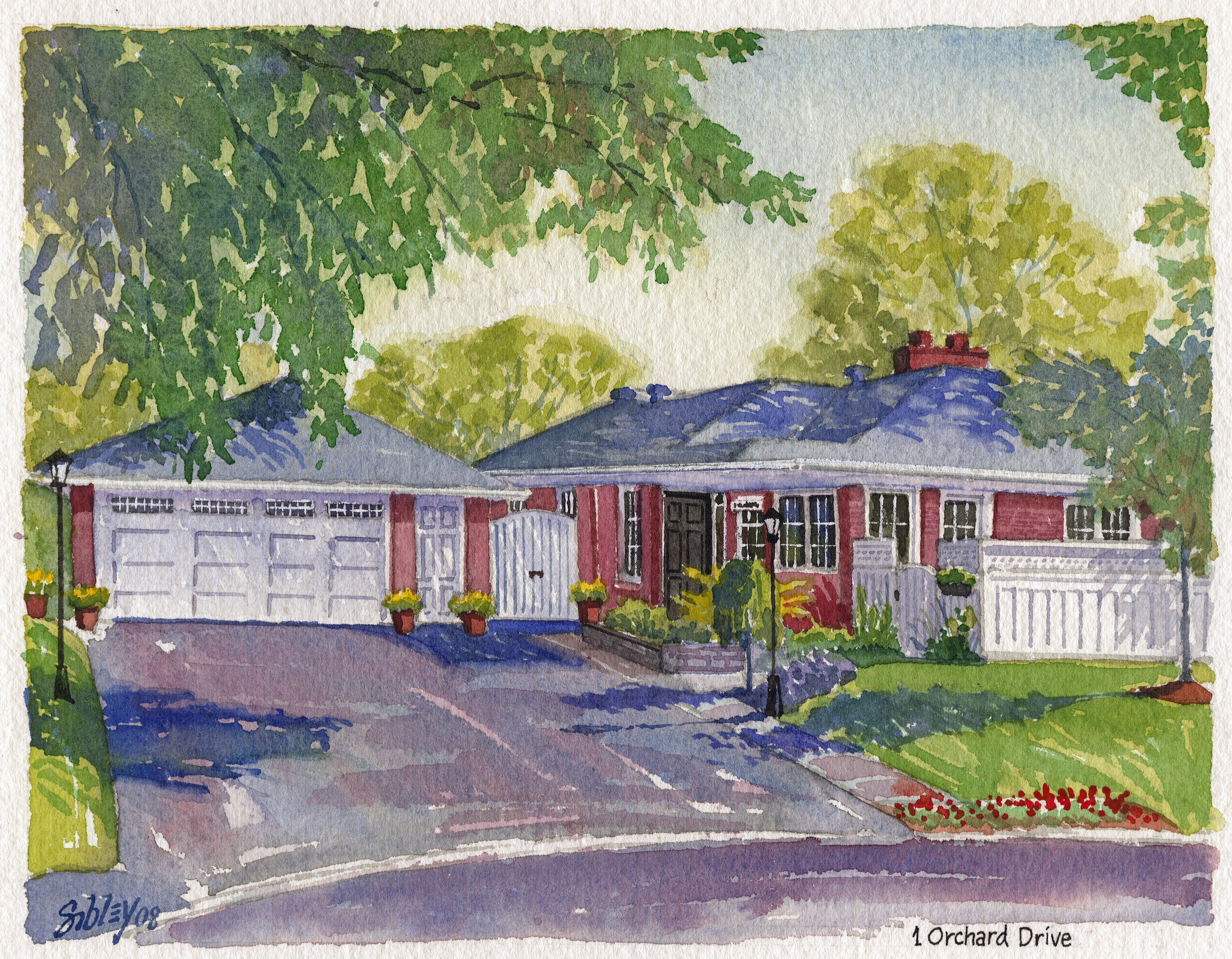 Watercolour home portrait of 1 Orchard Drive.