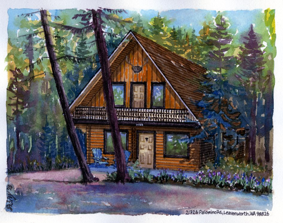 Watercolour home portrait of 21726 Palomino Rd, Leavenworth WA.