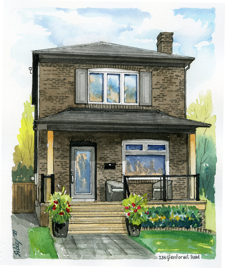Watercolour home portrait of 234 Glenforest Road.