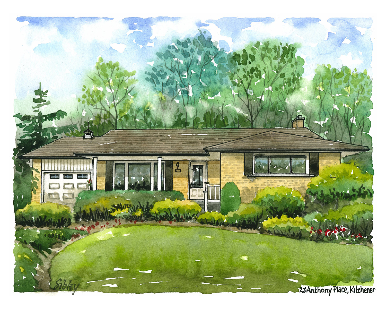 Watercolour home portrait of 23 Anthony Place, Kitchener.