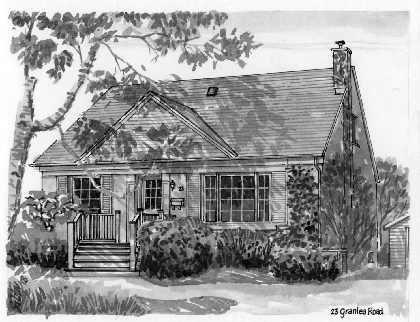 Pen-and-ink home portrait of 23 Granlea Road.