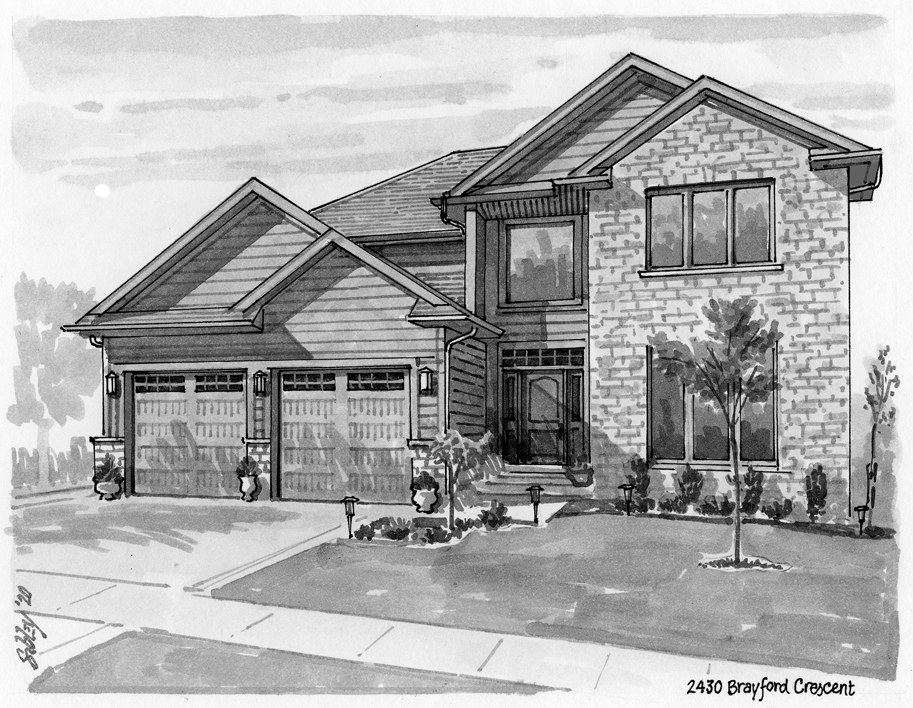 Pen-and-ink home portrait of 2430 Brayford Crescent.