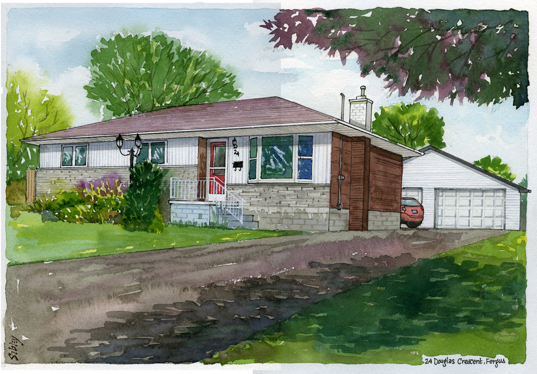 Watercolour home portrait of 24 Douglas Crescent, Fergus.