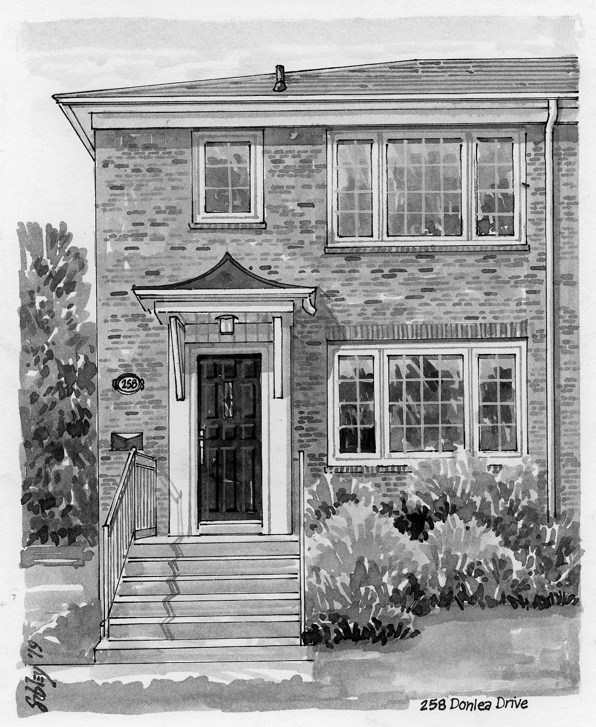 Pen-and-ink home portrait of 258 Donlea Drive.
