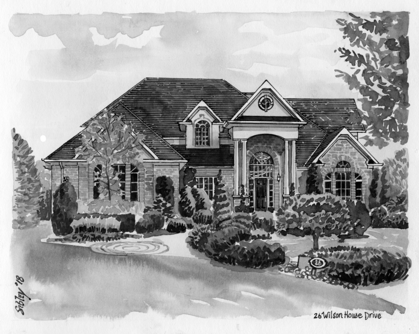 Pen-and-ink home portrait of 26 Wilson House Drive.