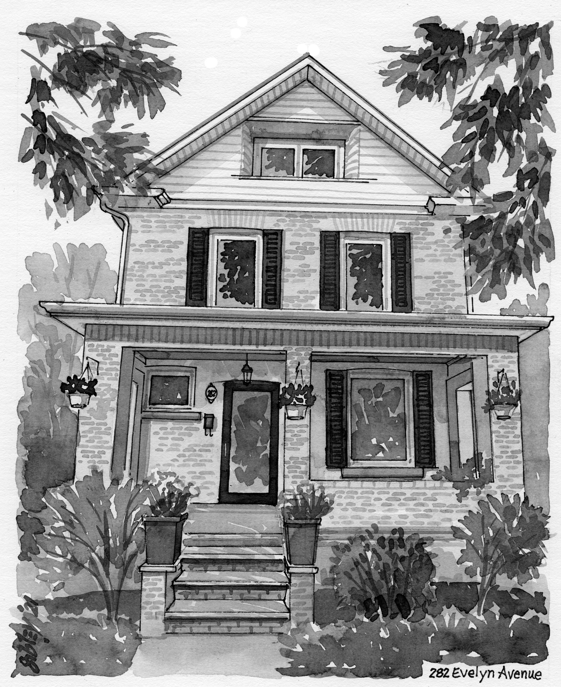 Pen-and-ink home portrait of 282 Evelyn Avenue.