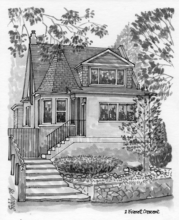 Pen-and-ink home portrait of 2 Everett Crescent.