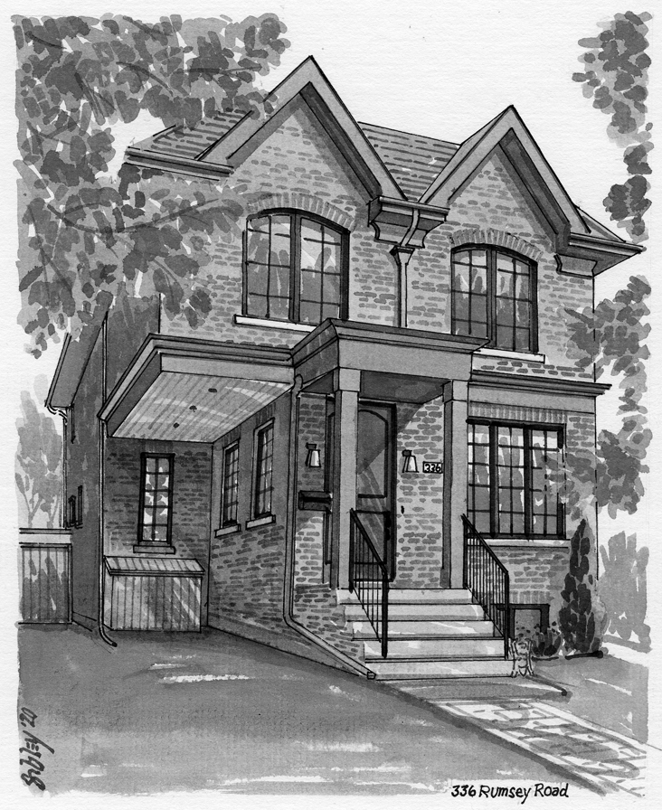 Pen-and-ink home portrait of 336 Rumsey Road.