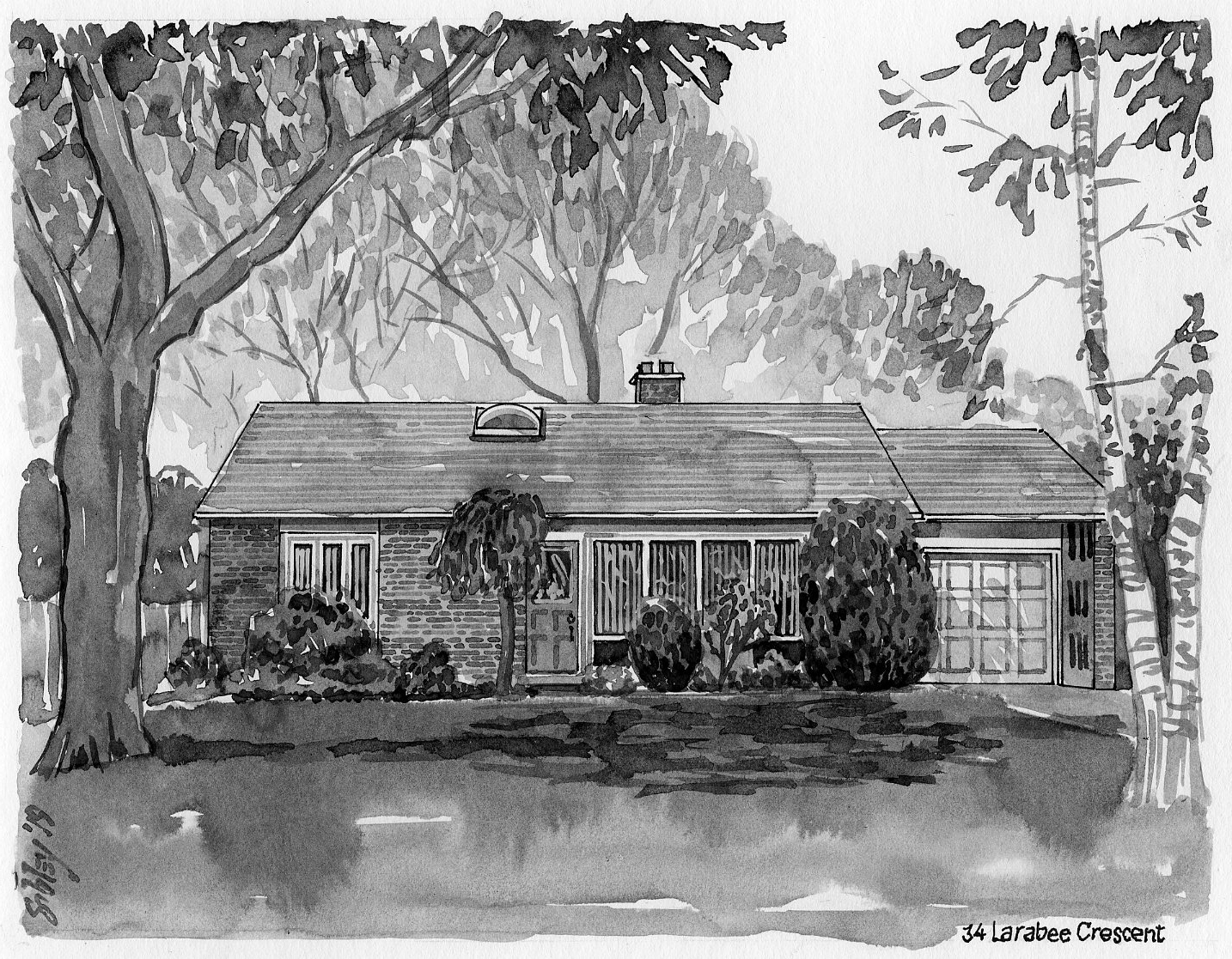 Pen-and-ink home portrait of 34 Larabee Crescent.