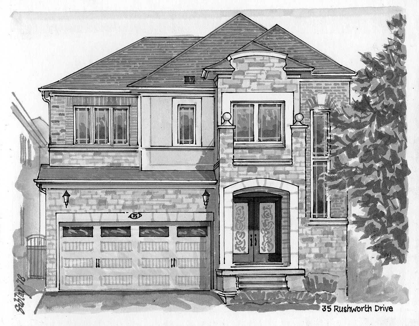 Pen-and-ink home portrait of 35 Rushworth Drive.