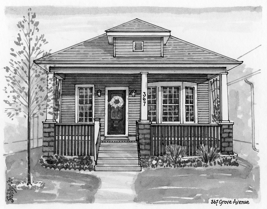 Pen-and-ink home portrait of 367 Grove Avenue.