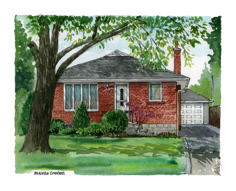 Watercolour home portrait of 39 Alrita Crescent.
