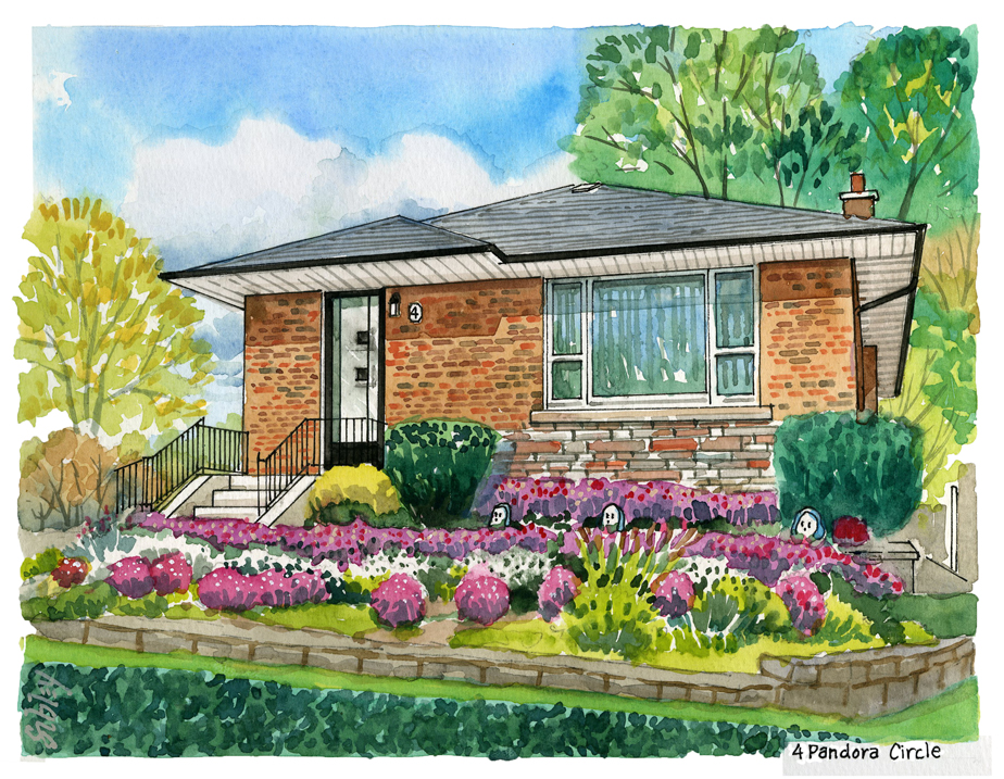 Watercolour home portrait of 4 Pandora Circle.