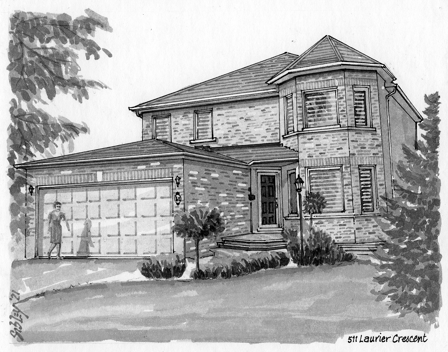 Pen-and-ink home portrait of 511 Laurier Crescent.