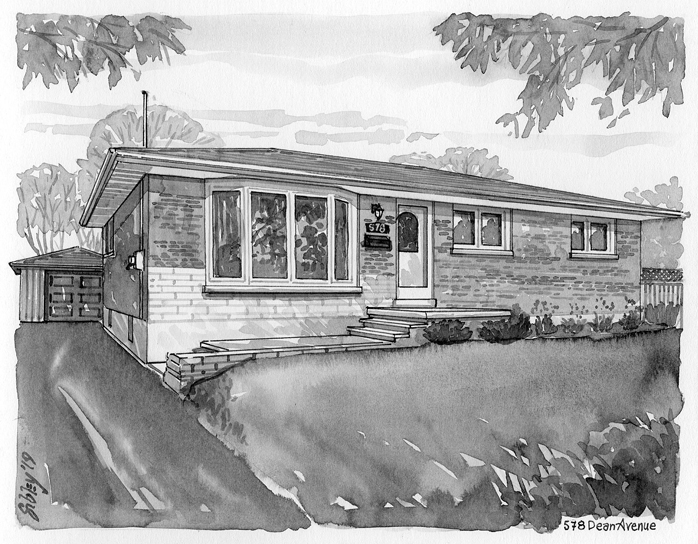 Pen-and-ink home portrait of 578 Dean Avenue.