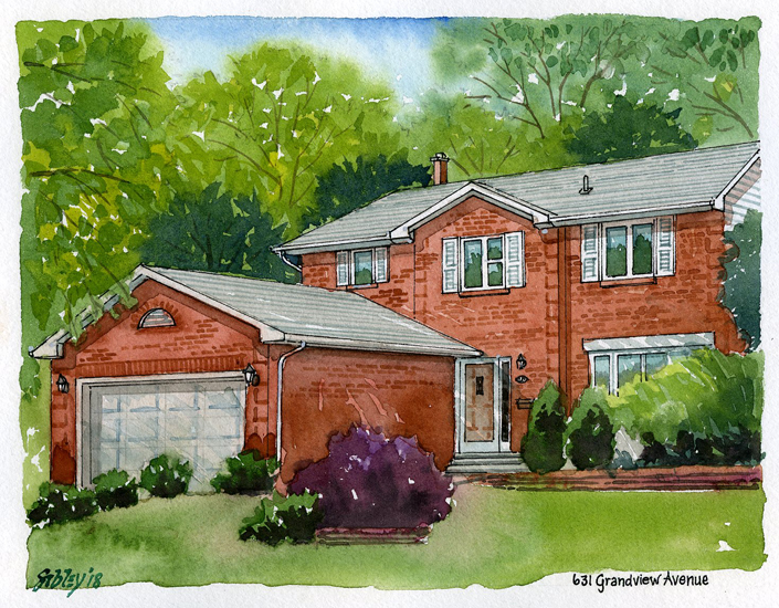 Watercolour home portrait of 631 Grandview Avenue.