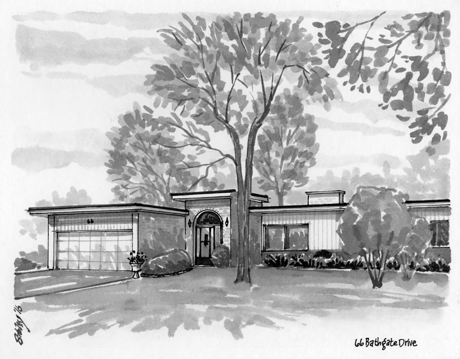 Pen-and-ink home portrait of 66 Bathgate Drive.