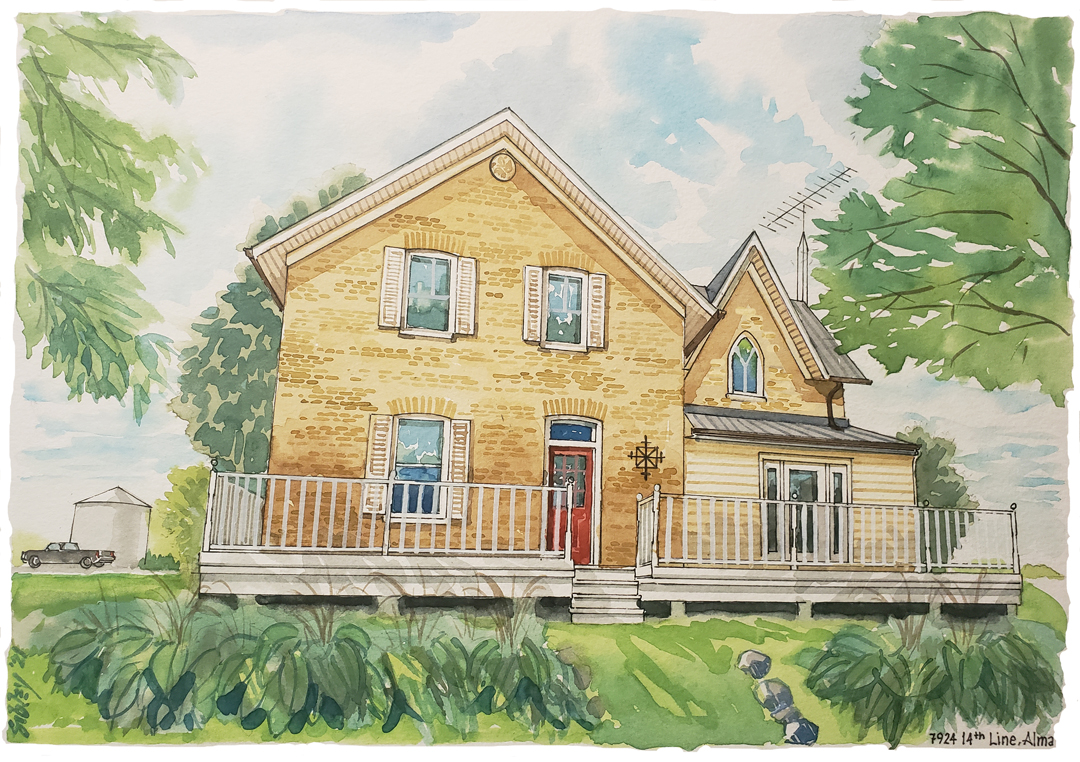 Watercolour home portrait of 7924 14th Line, Alma.