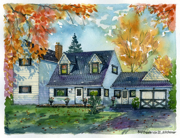 Watercolour home portrait of 810 Frederick St, Kitchener.