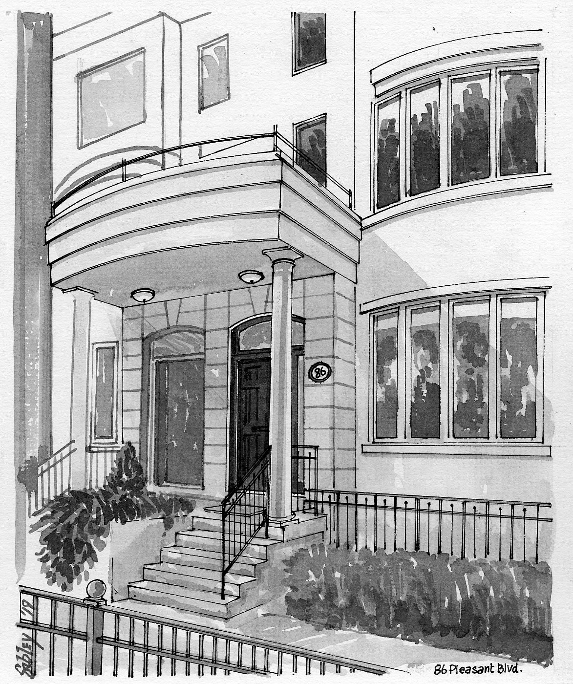 Pen-and-ink home portrait of 86 Pleasant Boulevard.