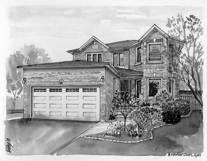 Pen-and-ink home portrait of 8 Hawker Court, Ajax.
