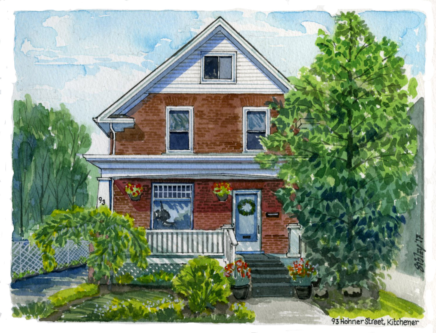 Watercolour home portrait of 93 Hohner Street, Kitchener.