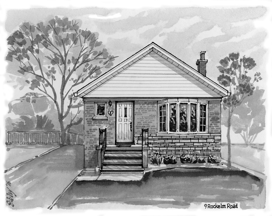 Pen-and-ink home portrait of 9 Rockelm Road.
