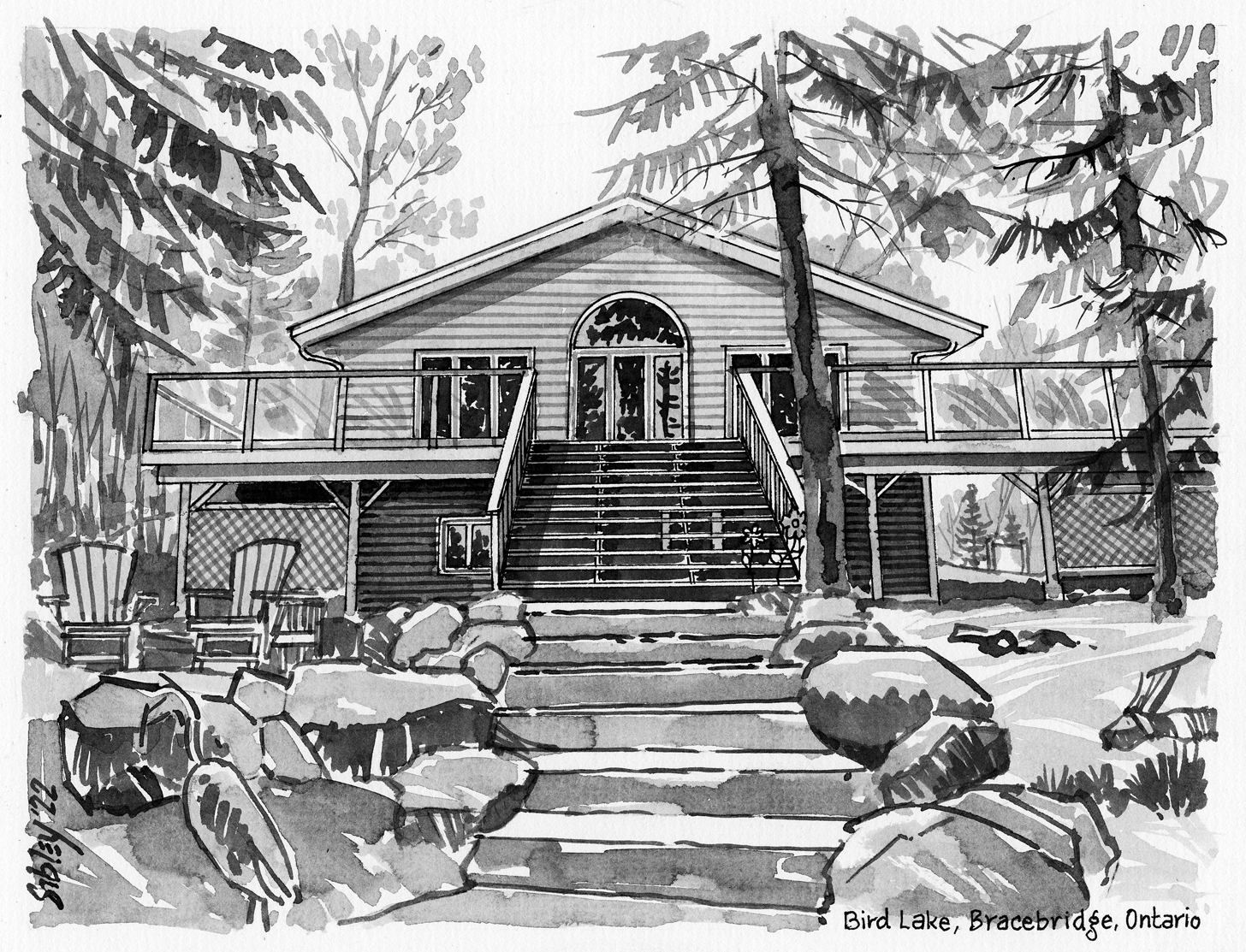 Pen-and-ink portrait of Bird Lake cottage, Bracebridge.