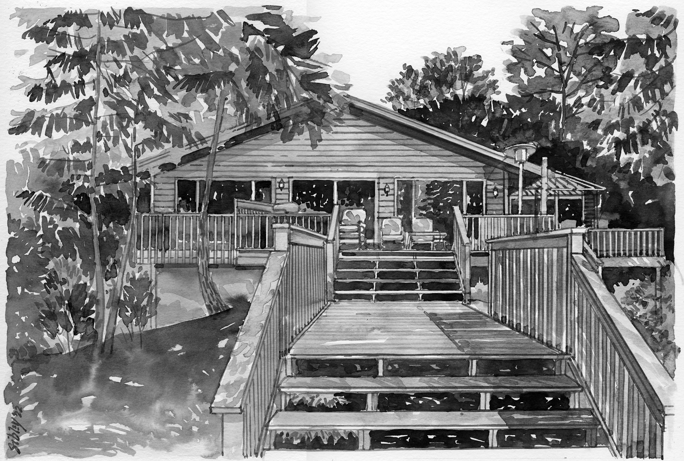 Pen-and-ink home portrait of a lakeside cottage.
