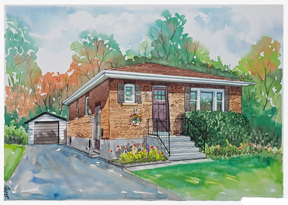 Watercolour home portrait of Cook Street, Barrie.